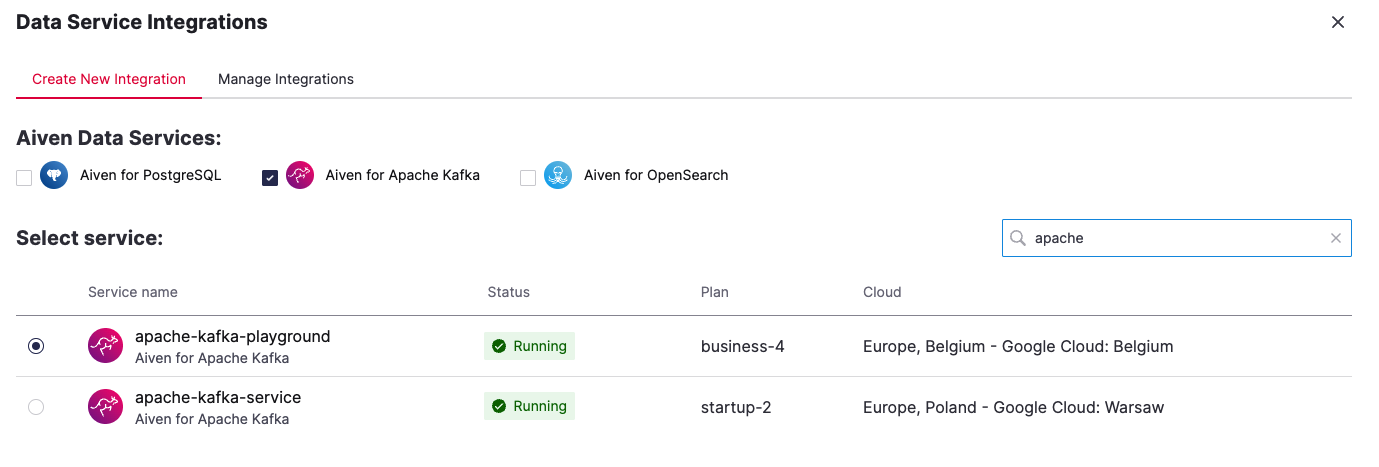 Image of the Aiven for Apache Flink Integration page showing an Aiven for Apache Kafka® and an Aiven for PostgreSQL® services